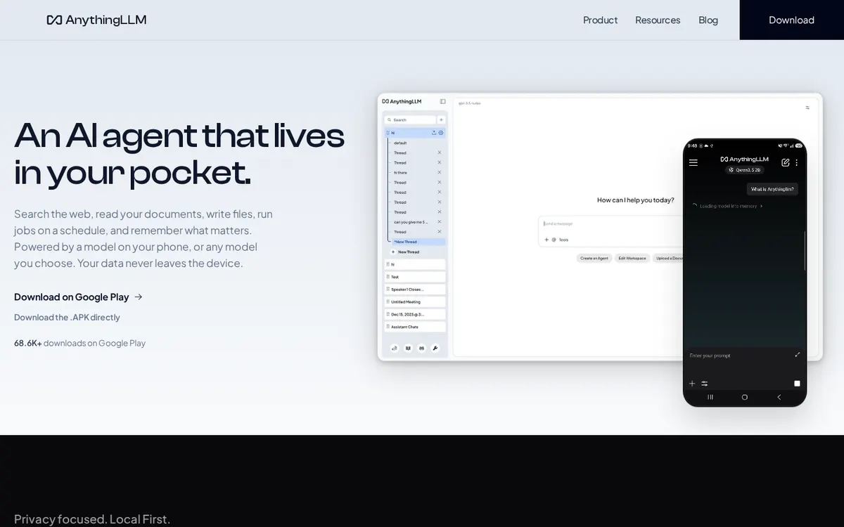 AnythingLLM Mobile product page screenshot
