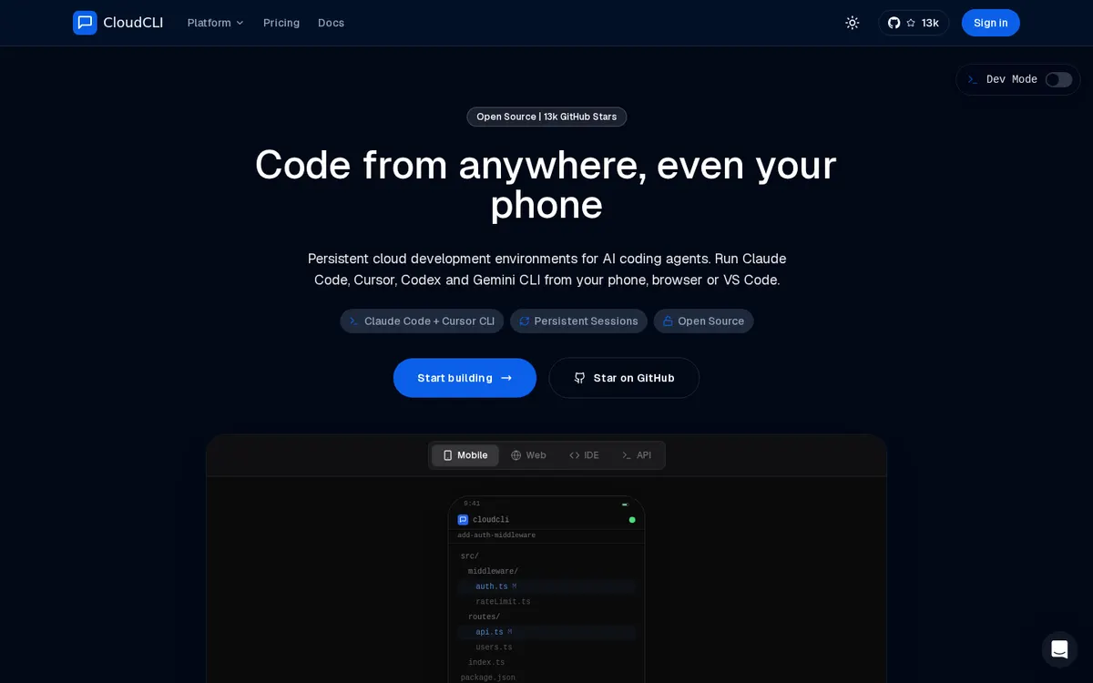 CloudCLI product page screenshot