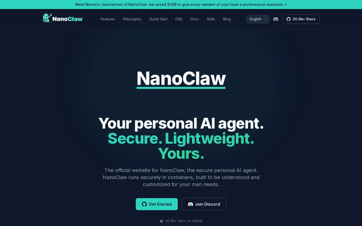 NanoClaw product page screenshot
