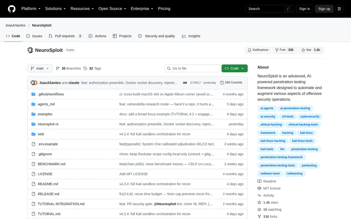 NeuroSploit product page screenshot