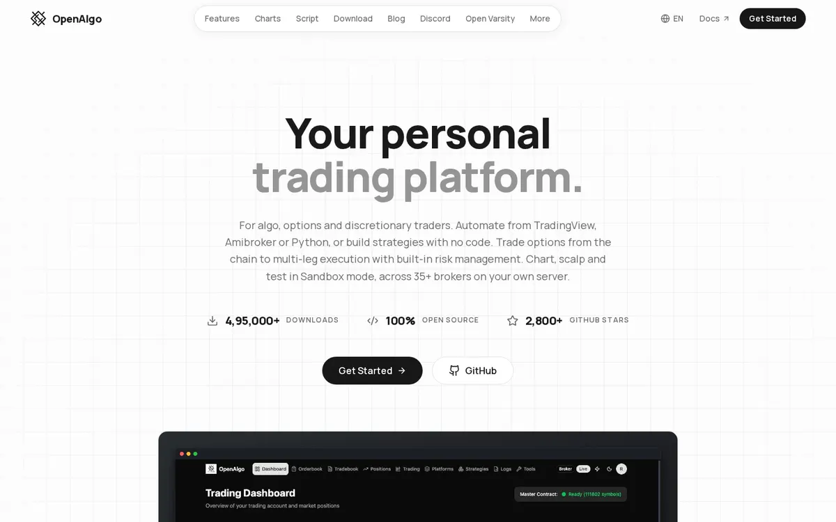 OpenAlgo product page screenshot