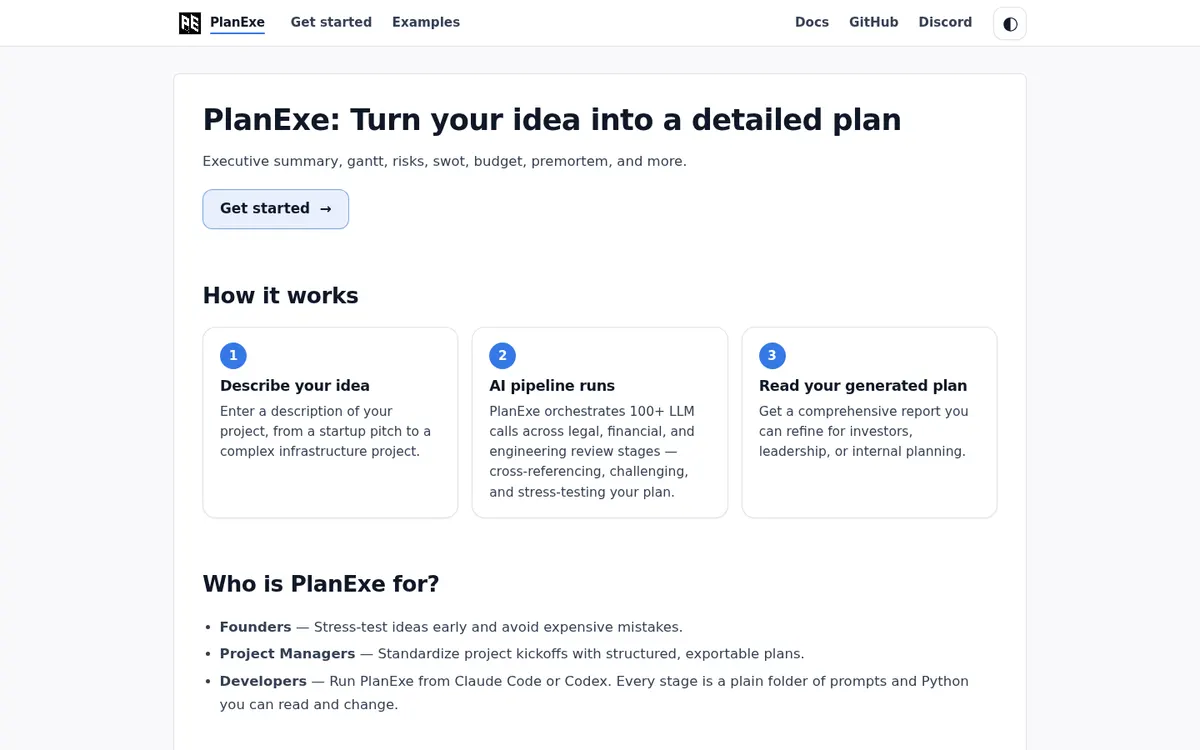 PlanExe product page screenshot