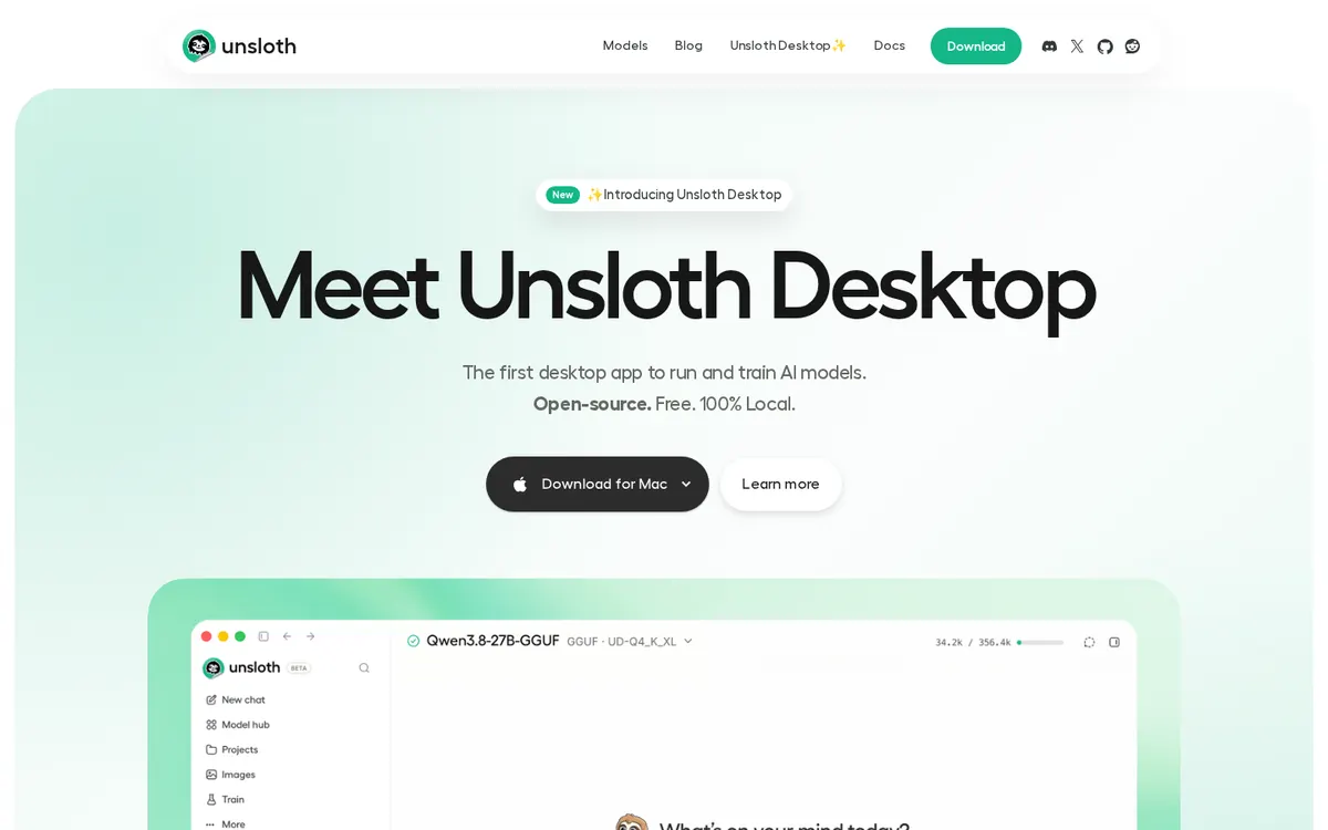Unsloth product page screenshot
