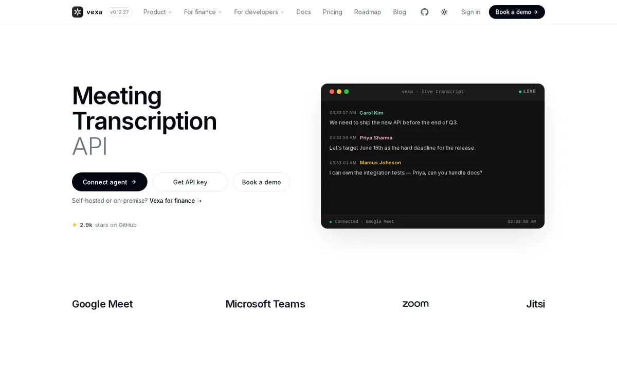 Vexa product page screenshot